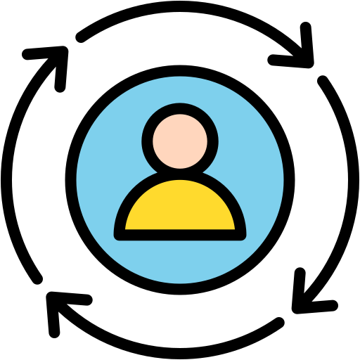 Profile icon of a person with a beige face, black outline, yellow shirt, set against a blue circular background.