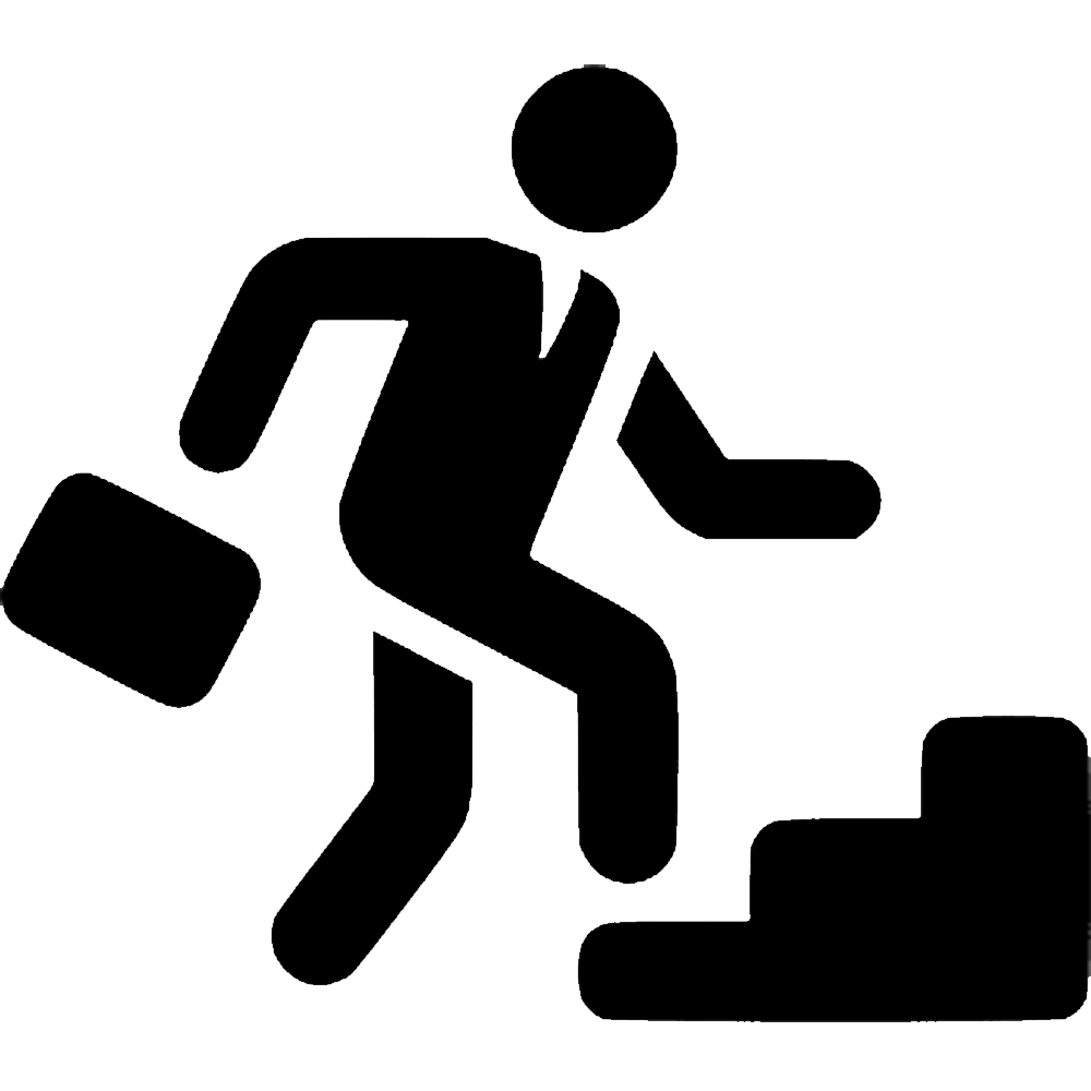 Outline of a person in business attire carrying a briefcase in one hand and ascending stairs.