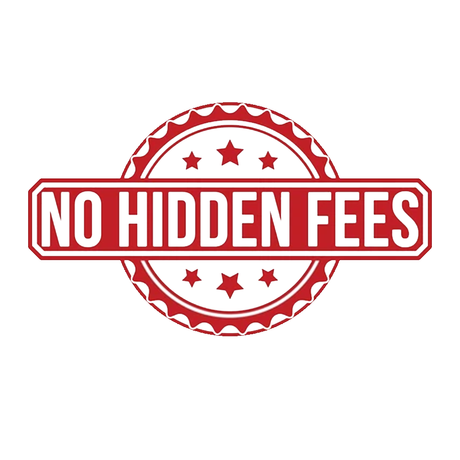 A red stamp-like graphic with the text 'NO HIDDEN FEES' in bold, capital letters, surrounded by stars and a circular gear design.