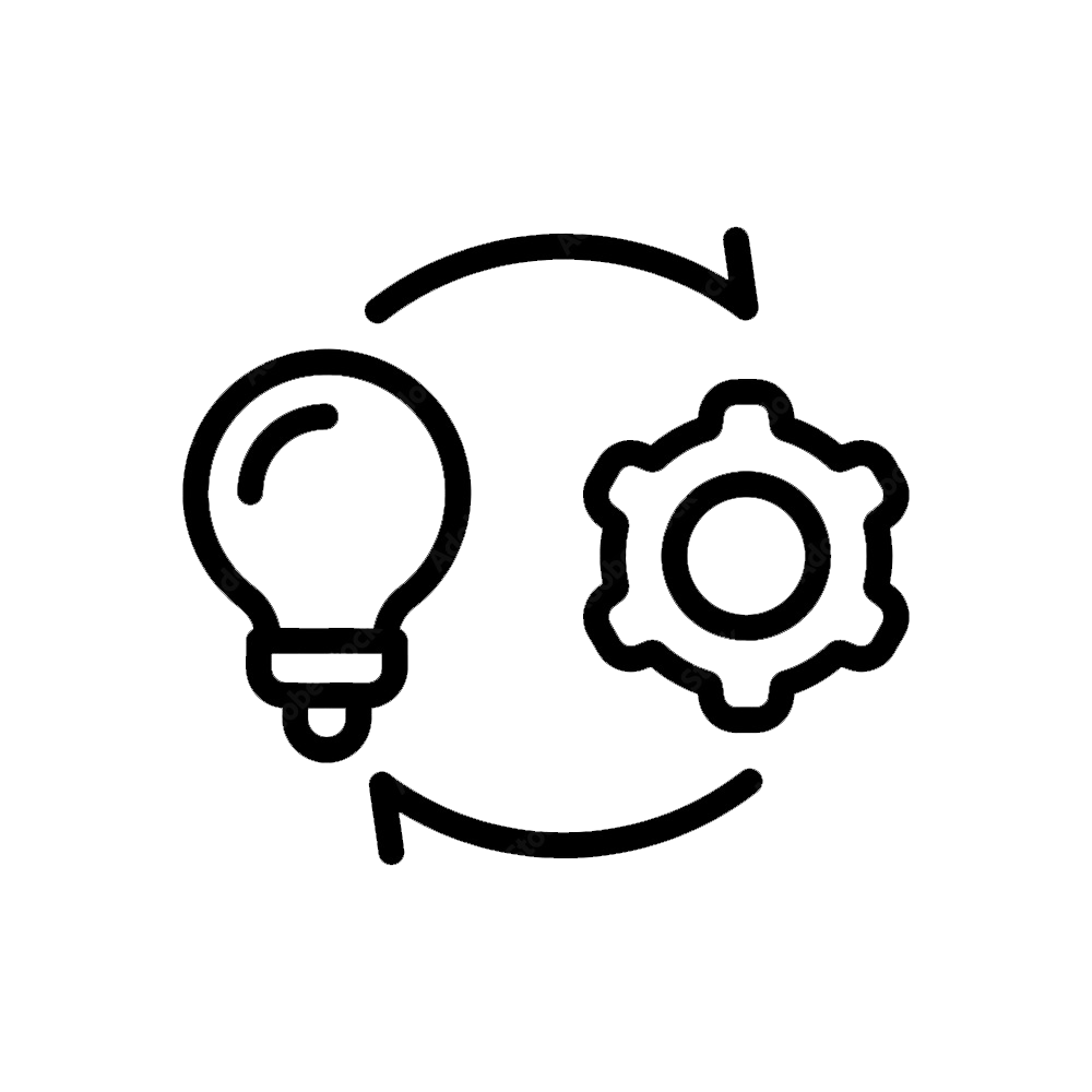 A diagram showing a cycle of innovation and improvement, with a light bulb representing ideas and a gear representing processes, connected by arrows indicating ongoing development.