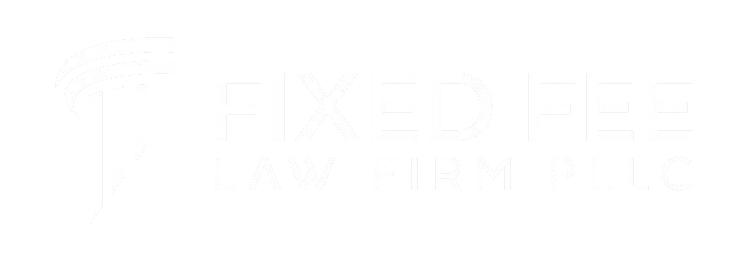 Logo for Fixed Fee Law Firm PLLC with a stylized column and curved lines in white on a black background.